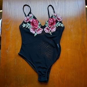 Black Mesh Bodysuit Cami with Flower Embroidery